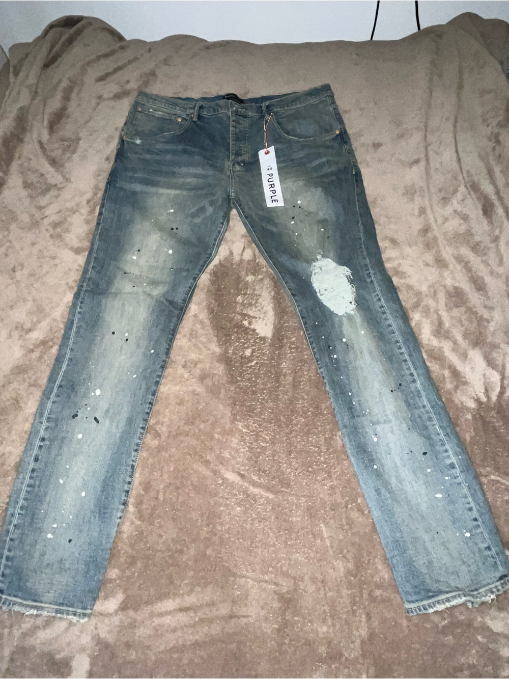 Purple brand Slim Straight Light Blue Distressed Jeans with Paint Detail